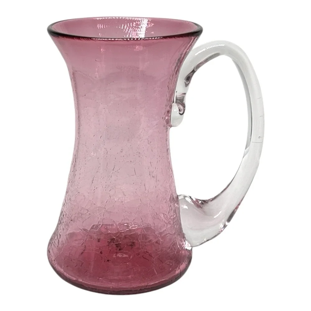Vtg 90s Pink Crackle Glass Pitcher Vase 5.5